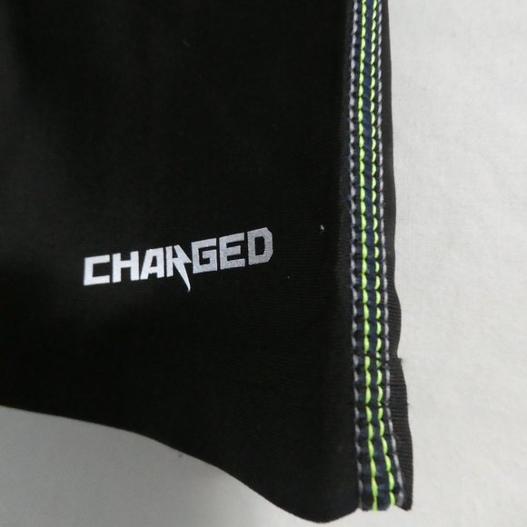 CHARGED small tight black stretchable shorts, fluorecent green stitched sides - Picture 6 of 9